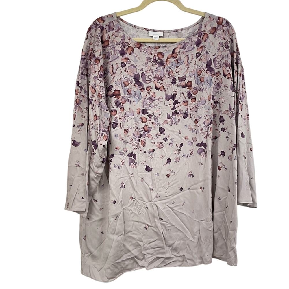 J Jill Pure Grey & Purple Floral Blouse Womens L 3/4 Sleeve Shirt Top Classic